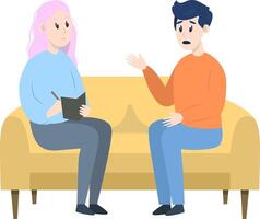 Psychotherapie Session - - Mann reden zu Psychologe Sitzung auf Sofa. mental Gesundheit Konzept, Illustration im eben Stil vektor