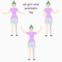 uppsättning illustration av en flicka med en protes- ben i platt stil. platt illustration på de tema av kropp positivitet. vektor