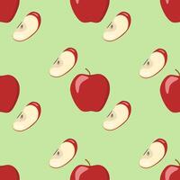 sömlös mönster röd äpple och halv äpple, frukt skivor och bitar i tecknad serie stil. friska vegetarian mellanmål mat frukt, illustration vektor