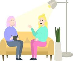 Psychotherapie Session - - schwanger Frau reden zu Psychologe Sitzung auf Sofa. mental Gesundheit Konzept, Illustration im eben Stil vektor