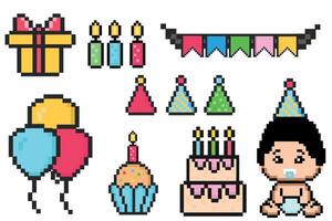 glücklich Geburtstag Pixel Symbole, Feier, 8 Bit, 80er Jahre 90er Jahre alt Arkade Spiel Stil, Symbole zum Spiel oder Handy, Mobiltelefon Anwendung, Kuchen, Krone, Luftballons, Kerze, Geschenk, Baby, kleiner Kuchen vektor