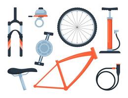 Fahrrad Ausrüstung und Teile, einstellen von Symbole, Symbole und Design Elemente. Sport Fahrrad Reparatur Komponenten. Illustration. vektor