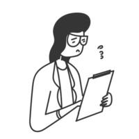 Hand gezeichnet Gekritzel Frau im dick Brille Tragen ein Zwischenablage vektor