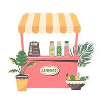 Limonade Stand. einstellen von lecker cool Zitrusfrüchte saftig mit verschiedene Geschmack. Limonade Flaschen, Schüssel mit Zitronen, Speisekarte, tropisch Blätter. Limonade LKW. Illustration zum Party, bbg, Sommer- Urlaub vektor