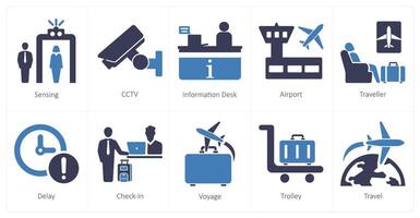en uppsättning av 10 flygplats ikoner som avkänning, cctv, information skrivbord vektor