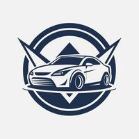 ein Auto Fahren im ein kreisförmig Bewegung auf ein Weiß Hintergrund, ein minimalistisch Logo einarbeiten Elemente von industriell Design vektor