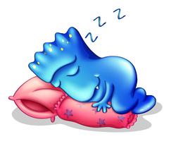 Ett blått monster sover över en kudde vektor