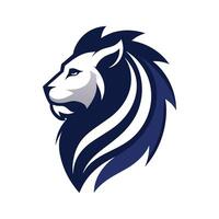 ein Löwen Kopf mit Blau und Weiß Streifen, präsentieren ein einzigartig und stilisiert Design, ein minimalistisch Logo mit ein glatt, stilisiert Löwe Silhouette vektor