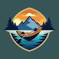 ein Boot friedlich gleitet auf ein See umgeben durch hoch aufragend Berge, ein einfach Bild von ein Kajak schwebend auf ein Ruhe Fluss, minimalistisch einfach modern Logo Design vektor