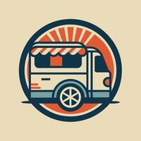 en mat lastbil med en tak markis parkerad på en gata, en minimalistisk logotyp terar en stiliserade silhuett av en mat lastbil vektor