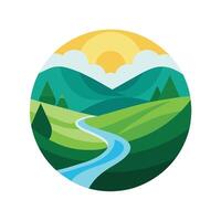 ein Grün Landschaft mit rollen Hügel und ein Ruhe Fluss Laufen durch Es, ein heiter Landschaft mit rollen Hügel und ein Ruhe Fluss, minimalistisch einfach modern Logo Design vektor
