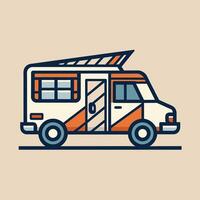 ein glatt und modern Orange und Weiß Bus mit ein Solar- Panel auf es ist Dach, ein glatt und modern Darstellung von ein Essen LKW mit nur Linien und Formen vektor