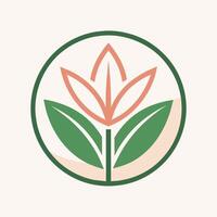 minimalistisch Logo zum ein vegan bilden Marke mit ein Grün und Orange Blume umzingelt, ein minimalistisch Logo zum ein vegan bilden Marke präsentieren ein minimalistisch Blatt Motiv vektor