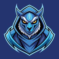 ein Blau Eule Maskottchen mit auffällig Gelb Augen, Blau Kapuzenpullover mysteriös Krieger E-Sport Maskottchen Spielen Logo vektor