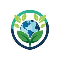 en grön klot med löv på topp av Det, hantverk en enkel logotyp den där förmedlar de meddelande av skyddande vår planet vektor