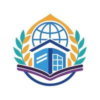 en skola logotyp design terar en klot på topp, symboliserar global utbildning och mångfald, hantverk en rena och sofistikerad logotyp för ett uppkopplad utbildning resurs vektor