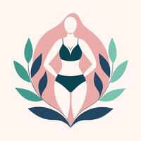 en kvinna bär en bikini är stående i främre av en cirkel, skapa en logotyp för en minimalistisk badkläder varumärke den där firar kropp positivitet vektor