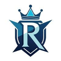 blå och vit logotyp terar en krona på topp, symboliserar royalty och elegans, krona brev r logotyp vektor