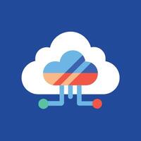 Blau Hintergrund mit ein Weiß Wolke und ein beschwingt rot und Blau Streifen, erstellen ein minimalistisch Symbol Das kommuniziert das Idee von Wolke Computing vektor