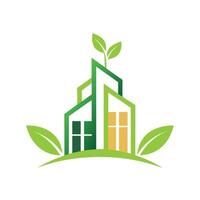 hus med växt växande ut, design minimalistisk logotyper för ett arkitektonisk fast den där specialiserat i hållbar, miljövänlig byggnader vektor