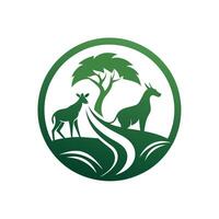 ein Grün Logo Design präsentieren zwei Hirsche entlang mit ein Baum, Design ein einfach und elegant Logo zum ein ngo gewidmet zu Tierwelt Erhaltung vektor