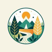 ein Kreis umgeben durch Bäume mit Berge im das Hintergrund, Design ein minimalistisch Logo zum ein Wellness Rückzug mit ein Fokus auf Natur vektor