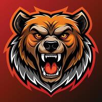 en slående illustration av ett intensiv, arg björnar huvud mot en vibrerande röd bakgrund, intensiv arg Björn huvud logotyp, slående illustration vektor