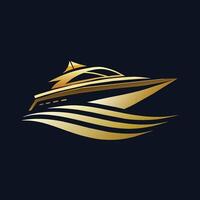 ein luxuriös Gold Boot Segeln elegant auf ein Stark schwarz Hintergrund, erstellen ein minimalistisch Logo zum ein glatt und gehoben Technik Geschäft vektor