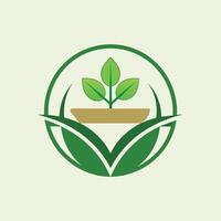 en grön växt med en pott placerad på topp av Det, visa upp en enkel och minimalistisk design, design en minimalistisk emblem för en växtbaserad mat förpackning varumärke vektor