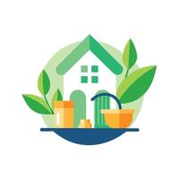 ein Haus mit ein Grün Dach und ein eingetopft Pflanze im das Vorderseite Hof, Design ein einfach und anspruchsvoll Logo zum ein stilvoll Möbel Geschäft vektor