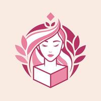 en kvinna med lång hår uppslukad i läsning en bok, utveckla en enkel, elegant logotyp för en prenumerationsbaserad skönhet låda service vektor