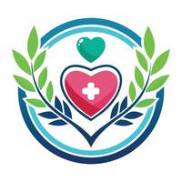 en hjärta form med en korsa på de Centrum omgiven förbi grön löv, hälsa vård logotyp uppsättning med hjärta form vektor