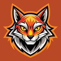 ein dynamisch rot Fuchs Kopf mit Gelb Augen gegen ein Orange Hintergrund, dynamisch Katze Kopf Logo, süß Orange Maskottchen vektor