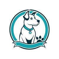 ein Hund tragen ein Blau Band um es ist Nacken, Haustier Pflege Logo Design mit Hund Linie Stil vektor