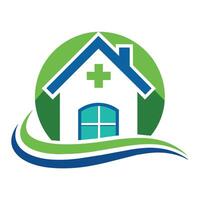 ein Haus mit ein Kreuz auf das Dach, symbolisieren ein medizinisch oder pflegebezogen Logo Design, Haus Pflege Logo Vorlage, medizinisch Haus Logo vektor
