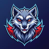 ein Wölfe Kopf mit rot Augen steht aus gegen ein beschwingt Blau Hintergrund, Wölfe Maskottchen Esport Logo Charakter Design vektor