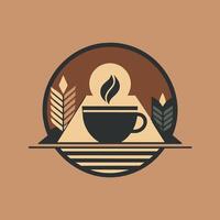 ein Tasse von Kaffee sitzt auf ein Teller umgeben durch Blätter, verwenden Negativ Raum zu erstellen ein einzigartig Logo zum ein modisch Cafe vektor