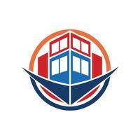 ein Logo mit ein Haus beim das Center innerhalb ein Versand Container-inspiriert symmetrisch Design, ein Logo Design inspiriert durch Versand Behälter, symbolisieren global Handel und Verteilung vektor