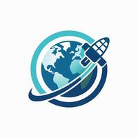 minimalistisk logotyp design terar en raket i de Centrum, omgiven förbi blå och vit färger, en minimalistisk logotyp skildrar en satellit kretsande jord för en global Nyheter kanal vektor