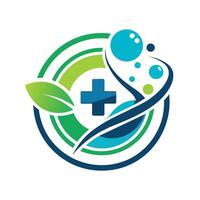 en enkel logotyp terar en korsa korsande med en blad, symboliserar sjukvård och natur, en rena och minimalistisk logotyp symboliserar sjukvård innovation vektor