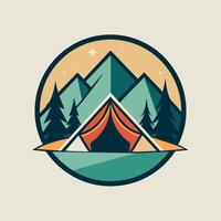 ein Zelt aufgeschlagen im ein Wald mit Berge im das Hintergrund, ein minimalistisch Logo von ein Zelt aufgeschlagen im das Wildnis, minimalistisch einfach modern Logo Design vektor