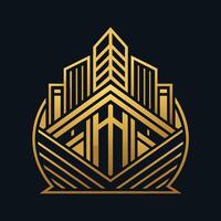 ein schwarz und Gold Logo mit ein Stadt im das Center, präsentieren ein geometrisch Muster, erstellen ein minimalistisch Logo mit sauber Linien und geometrisch Formen vektor