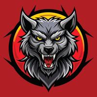 ein Fett gedruckt Werwolf Logo mit ein Wölfe Kopf mit auffällig Gelb Augen einstellen gegen ein beschwingt rot Hintergrund, Fett gedruckt Werwolf Logo, wirkungsvoll vektor