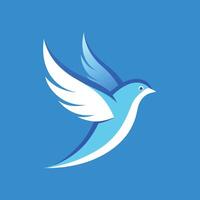 en blå och vit fågel svävar genom de klar blå himmel, visa upp graciös flyg, fågel flygande i en klar blå himmel, minimalistisk enkel modern logotyp design vektor