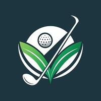 ein Grün Blatt und ein Golf Ball auf ein schwarz Hintergrund, kontrastieren Farben Erstellen visuell Interesse und Komposition, ein glatt Design mit ein Golf Verein und Ball verflochten vektor