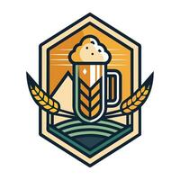 ein Becher von Bier platziert Nächster zu Ohren von Weizen, ein glatt Logo zum ein Kunst Bier Brauerei, minimalistisch einfach modern Logo Design vektor