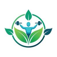 ein Mann halten ein Grün Blatt und ein Hantel im seine Hände, symbolisieren ein Verbindung zwischen Natur und Fitness, Design ein Logo Das vermittelt das Konzept von Gesundheit und Fitness im ein subtil und elegant Weg vektor