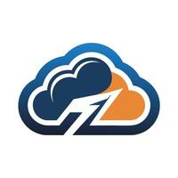 en moln med en blixt- bult i de Centrum, symboliserar en kraftfull elektrisk storm, skapa en elegant och modern logotyp representerar moln datoranvändning vektor