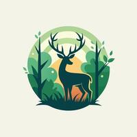 ein Hirsch Stehen im das Mitte von ein Wald, Hirsch im ein heiter Wald Einstellung, minimalistisch einfach modern Logo Design vektor