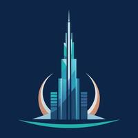 ein hoch Wolkenkratzer ähnlich das burj Khalifa im Dubai, mit ein halbmondförmig Struktur um Es, ein glatt Darstellung von das burj Khalifa im Dubai, minimalistisch einfach modern Logo Design vektor